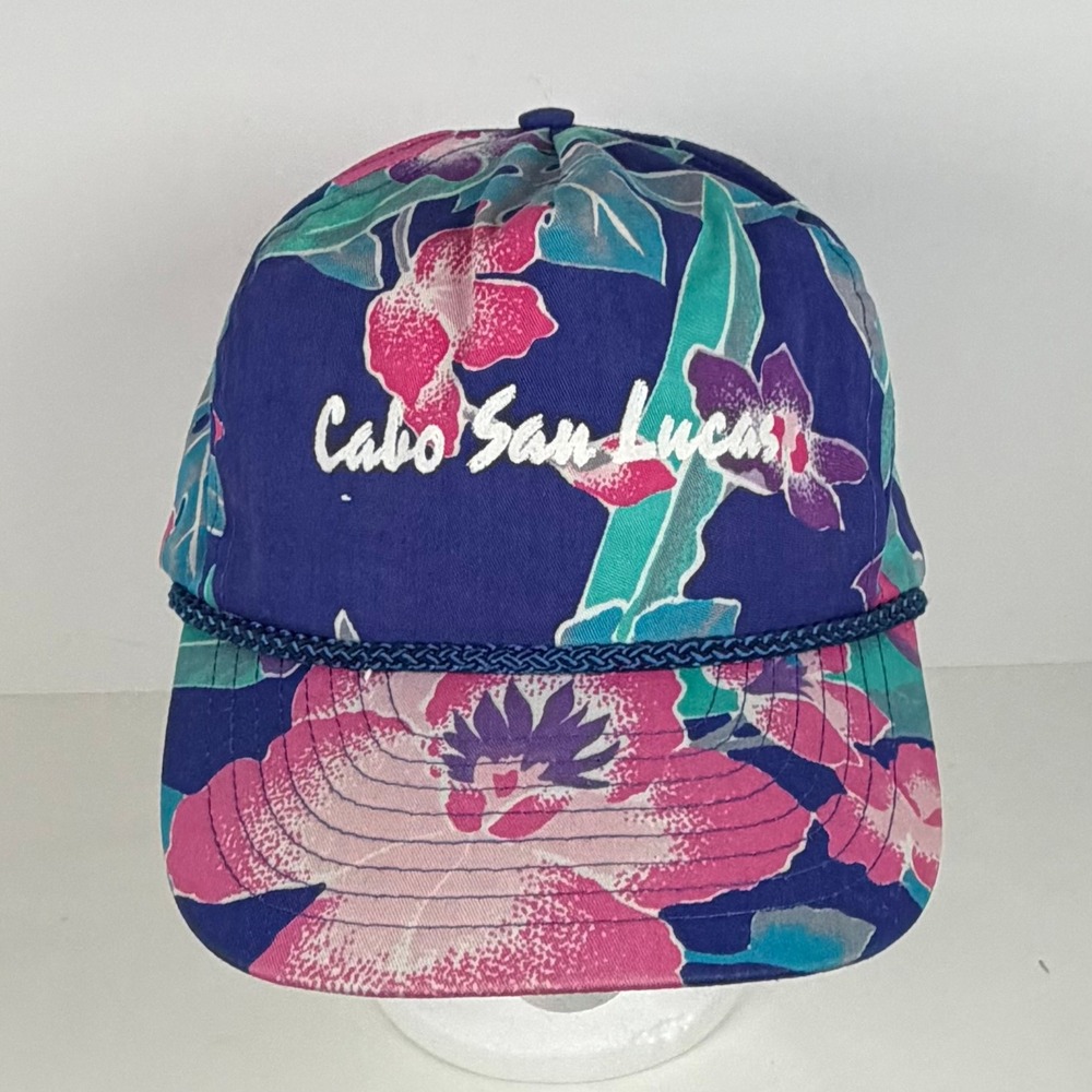 Vintage Nissin Cabo San Lucas Floral Rope Hat Snapback Purple Pink Hibiscus
